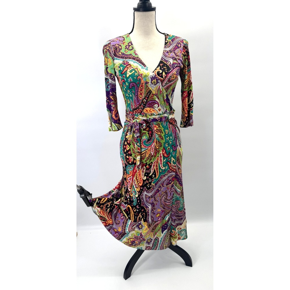 Etro Milano Boho 3/4 Sleeve Midi Wrap Dress Italy 38 Small 2 Deep V Belted Artsy - Picture 3 of 15